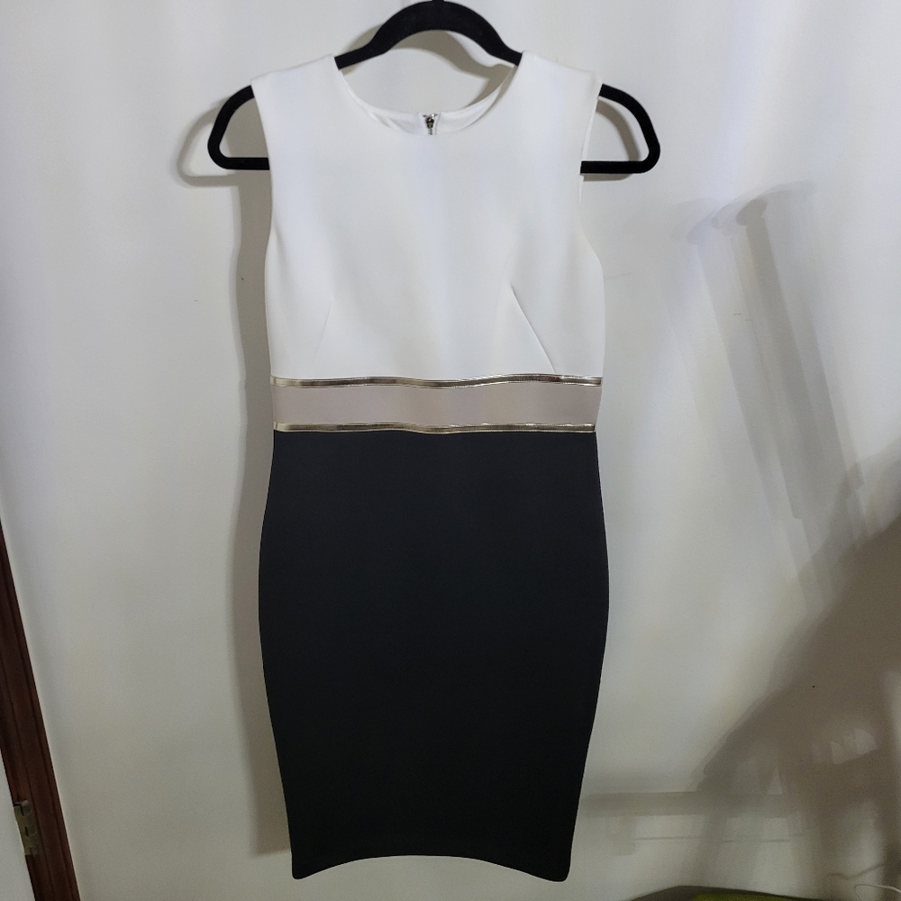 Calvin Klein Sleeveless Scuba Black, White & Cream Gold Colorblock Dress, Size 4